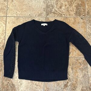Loft navy blue cotton sweater with flower cut out lace insets in sleeves.  Med.